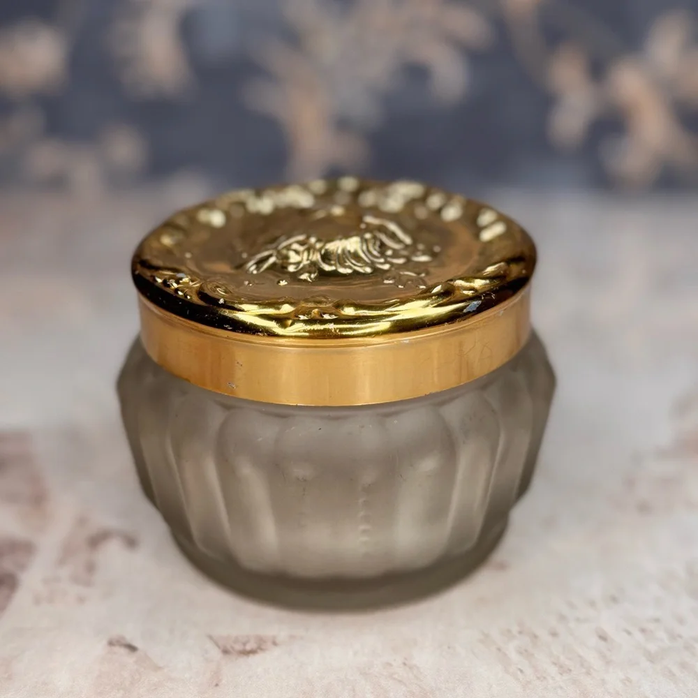 Vintage Estée Lauder Re-Nutriv Frosted Glass Vanity Powder Jar Gold Lid